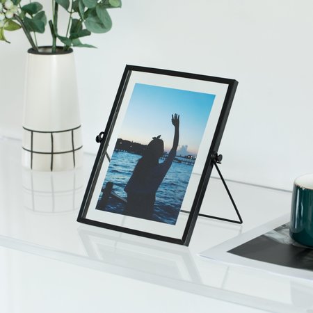 Fabulaxe Modern Metal Floating Tabletop Photo Picture Frame with Glass Cover and Easel Stand, Black 5 x 7 QI004066.BK.L